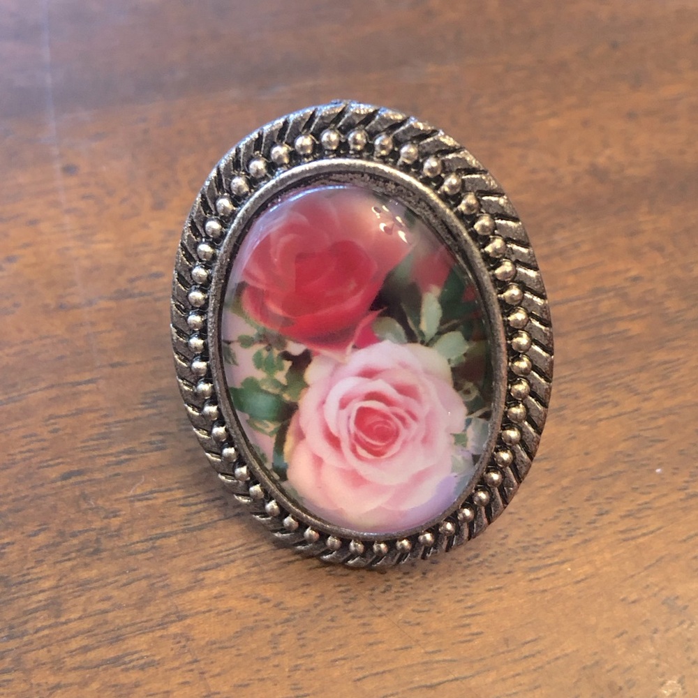 Vintage Roses Glass Cameo Adjustable Silver Ring